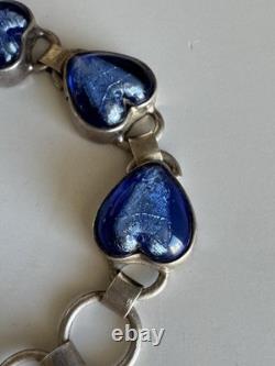 Vintage Sterling Silver 925 Blue Foil Art Glass Heart Link Bracelet Toggle 27.3g