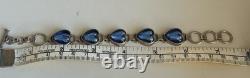 Vintage Sterling Silver 925 Blue Foil Art Glass Heart Link Bracelet Toggle 27.3g