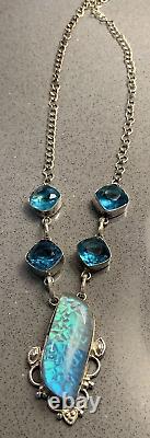 Vintage Sterling Silver 925 Blue Topaz Dichroic Glass Opal Mexico Necklace 26g