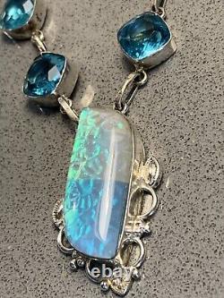 Vintage Sterling Silver 925 Blue Topaz Dichroic Glass Opal Mexico Necklace 26g