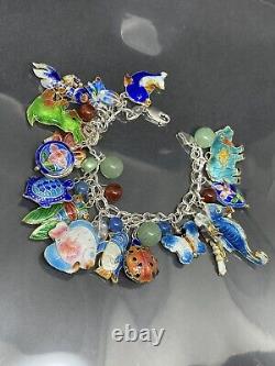 Vintage Sterling Silver 925 Cloisonné Charms Glass Stones Beaded 7 Bracelet