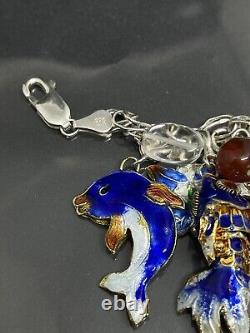 Vintage Sterling Silver 925 Cloisonné Charms Glass Stones Beaded 7 Bracelet
