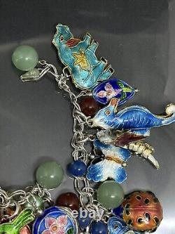 Vintage Sterling Silver 925 Cloisonné Charms Glass Stones Beaded 7 Bracelet