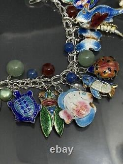 Vintage Sterling Silver 925 Cloisonné Charms Glass Stones Beaded 7 Bracelet