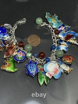 Vintage Sterling Silver 925 Cloisonné Charms Glass Stones Beaded 7 Bracelet