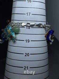 Vintage Sterling Silver 925 Cloisonné Charms Glass Stones Beaded 7 Bracelet