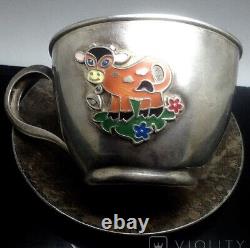 Vintage Sterling Silver 925 Cup Saucer Enamel Glass Engraved Plate Rare Old 20th