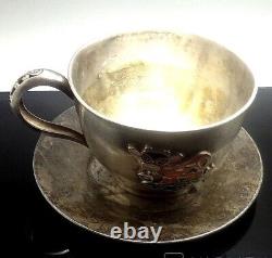 Vintage Sterling Silver 925 Cup Saucer Enamel Glass Engraved Plate Rare Old 20th