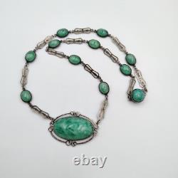 Vintage Sterling Silver 925 Green Pekin Glass Art Deco Necklace 16