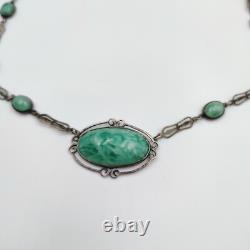 Vintage Sterling Silver 925 Green Pekin Glass Art Deco Necklace 16