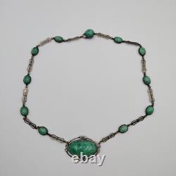 Vintage Sterling Silver 925 Green Pekin Glass Art Deco Necklace 16