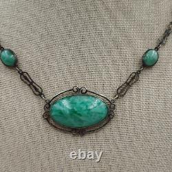 Vintage Sterling Silver 925 Green Pekin Glass Art Deco Necklace 16