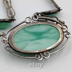 Vintage Sterling Silver 925 Green Pekin Glass Art Deco Necklace 16