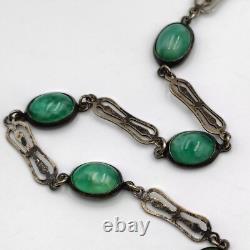 Vintage Sterling Silver 925 Green Pekin Glass Art Deco Necklace 16