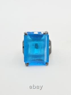 Vintage Sterling Silver 925 Large Blue Glass Rectangular Cocktail Ring Sz 7