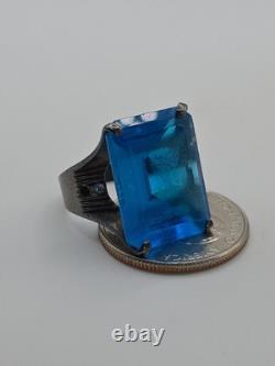 Vintage Sterling Silver 925 Large Blue Glass Rectangular Cocktail Ring Sz 7