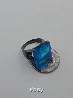 Vintage Sterling Silver 925 Large Blue Glass Rectangular Cocktail Ring Sz 7