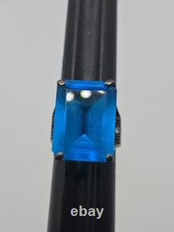 Vintage Sterling Silver 925 Large Blue Glass Rectangular Cocktail Ring Sz 7