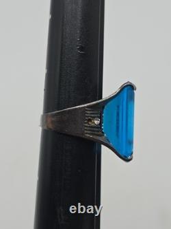 Vintage Sterling Silver 925 Large Blue Glass Rectangular Cocktail Ring Sz 7