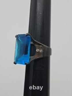 Vintage Sterling Silver 925 Large Blue Glass Rectangular Cocktail Ring Sz 7