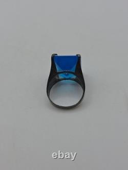 Vintage Sterling Silver 925 Large Blue Glass Rectangular Cocktail Ring Sz 7