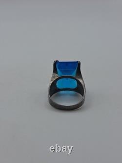 Vintage Sterling Silver 925 Large Blue Glass Rectangular Cocktail Ring Sz 7
