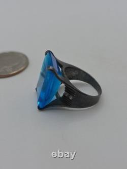 Vintage Sterling Silver 925 Large Blue Glass Rectangular Cocktail Ring Sz 7