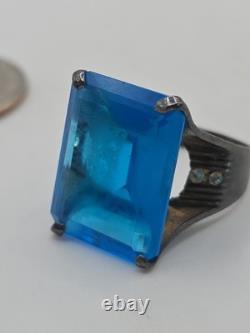 Vintage Sterling Silver 925 Large Blue Glass Rectangular Cocktail Ring Sz 7