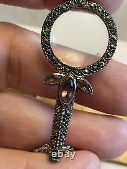 Vintage Sterling Silver 925 Magnifying Glass Pendant Sapphire Marcasites Withchain