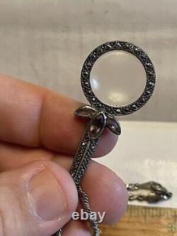 Vintage Sterling Silver 925 Magnifying Glass Pendant Sapphire Marcasites Withchain