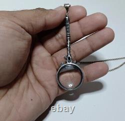 Vintage Sterling Silver 925 Magnifying glass necklace with rose pattern