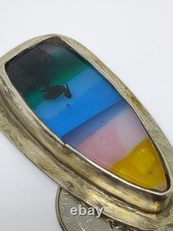 Vintage Sterling Silver 925 Southwestern Glass Pelican Colored Pendant