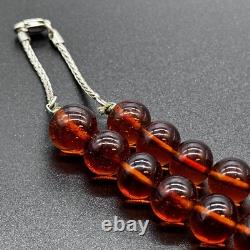 Vintage Sterling Silver Amber Glass Bead Necklace 16 Cognac