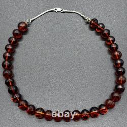 Vintage Sterling Silver Amber Glass Bead Necklace 16 Cognac