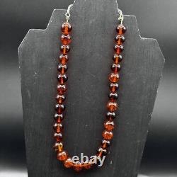 Vintage Sterling Silver Amber Glass Bead Necklace 16 Cognac