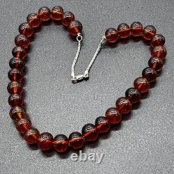 Vintage Sterling Silver Amber Glass Bead Necklace 16 Cognac