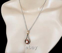 Vintage Sterling Silver Amber Quartz Glass Marcasite Teardrop Pendant Necklace18