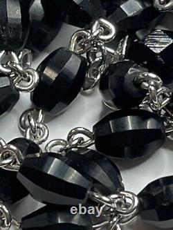 Vintage Sterling Silver Black Enameled Elements Glass Rosary Necklace 34