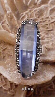 Vintage Sterling Silver Blue Crystal Glass Marcasite Elongated Ring Size 8 925