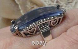 Vintage Sterling Silver Blue Crystal Glass Marcasite Elongated Ring Size 8 925