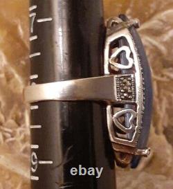 Vintage Sterling Silver Blue Crystal Glass Marcasite Elongated Ring Size 8 925