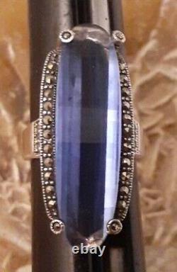 Vintage Sterling Silver Blue Crystal Glass Marcasite Elongated Ring Size 8 925