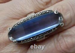 Vintage Sterling Silver Blue Crystal Glass Marcasite Elongated Ring Size 8 925