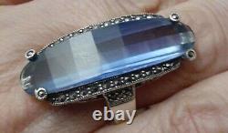 Vintage Sterling Silver Blue Crystal Glass Marcasite Elongated Ring Size 8 925