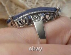 Vintage Sterling Silver Blue Crystal Glass Marcasite Elongated Ring Size 8 925