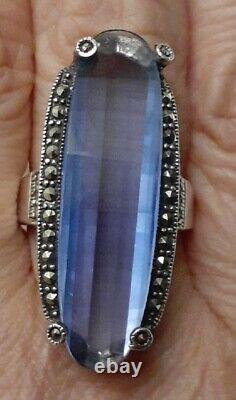 Vintage Sterling Silver Blue Crystal Glass Marcasite Elongated Ring Size 8 925