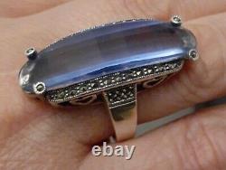 Vintage Sterling Silver Blue Crystal Glass Marcasite Elongated Ring Size 8 925