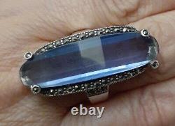 Vintage Sterling Silver Blue Crystal Glass Marcasite Elongated Ring Size 8 925