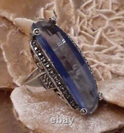 Vintage Sterling Silver Blue Crystal Glass Marcasite Elongated Ring Size 8 925