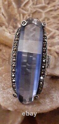 Vintage Sterling Silver Blue Crystal Glass Marcasite Elongated Ring Size 8 925